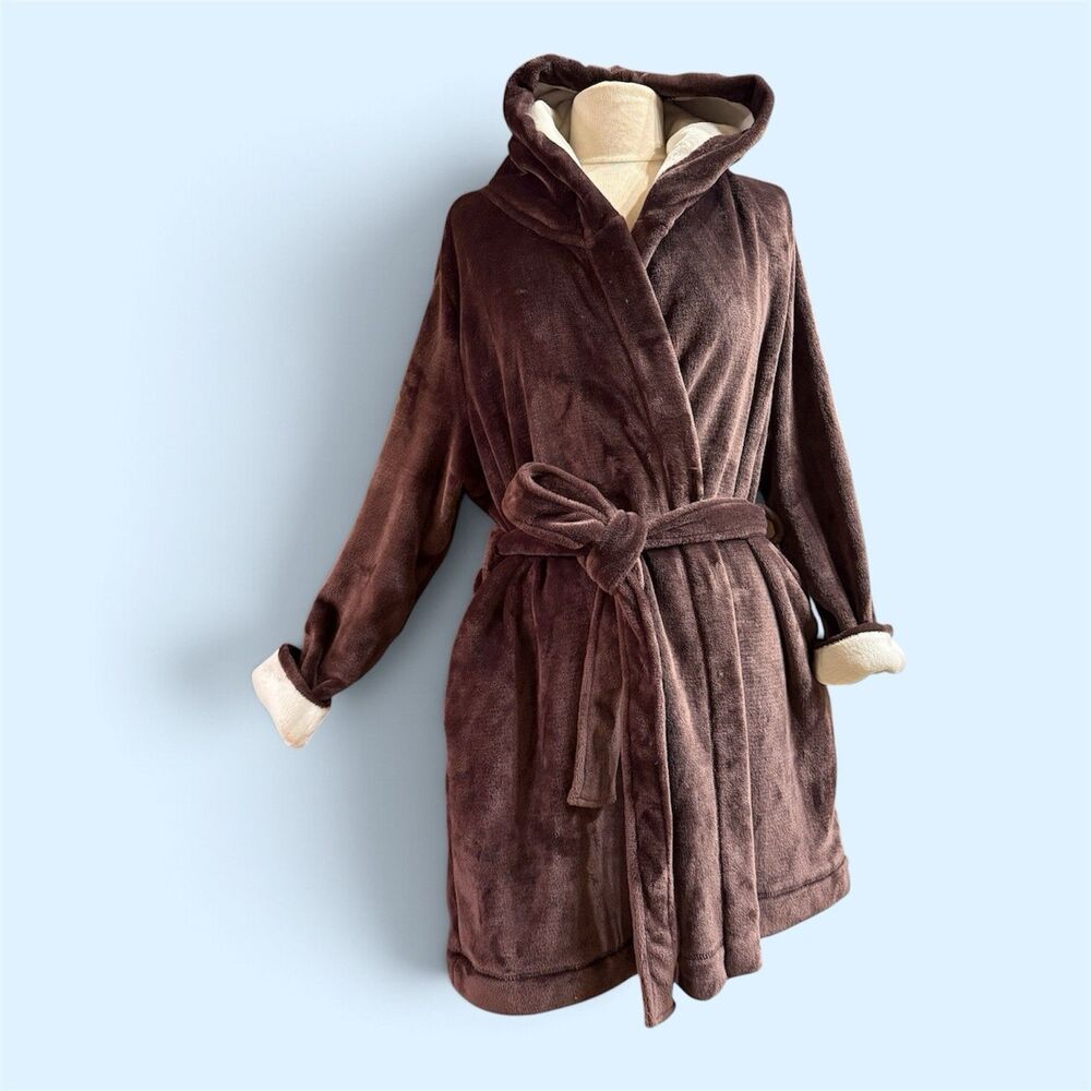 Cacique NEW Fleece Kimono Robe Choc Brown Hood Belted Pockets Super Plush Soft L
